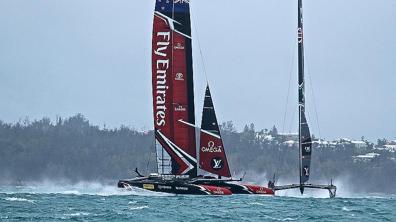 Emirates Team New Zealand - engages with Land Rover BAR - Race 4 - Semi-Finals, America's Cup Playoffs- Day 11, June 6, 2017 (ADT) photo copyright Richard Gladwell taken at  and featuring the AC50 class