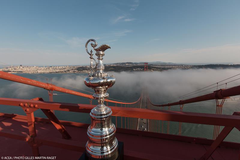 The America's Cup Trophy at the top of Golden Gate Bridge photo copyright Gilles Martin-Raget / ACEA taken at  and featuring the AC72 class