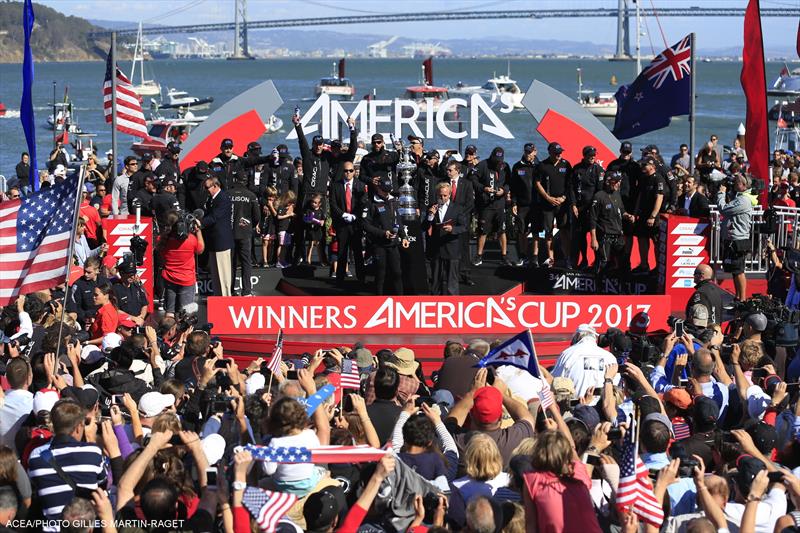 ORACLE TEAM USA are presented with the America's Cup in San Francisco photo copyright Gilles Martin-Raget / ACEA taken at  and featuring the AC72 class