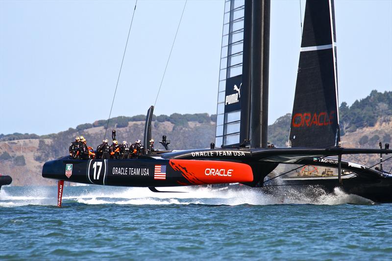 Oracle Team USA v Emirates Team New Zealand. America's Cup Day 4, San Francisco. Oracle Team USA before the start of race 6 photo copyright Richard Gladwell Sail-World.com taken at Golden Gate Yacht Club and featuring the AC72 class