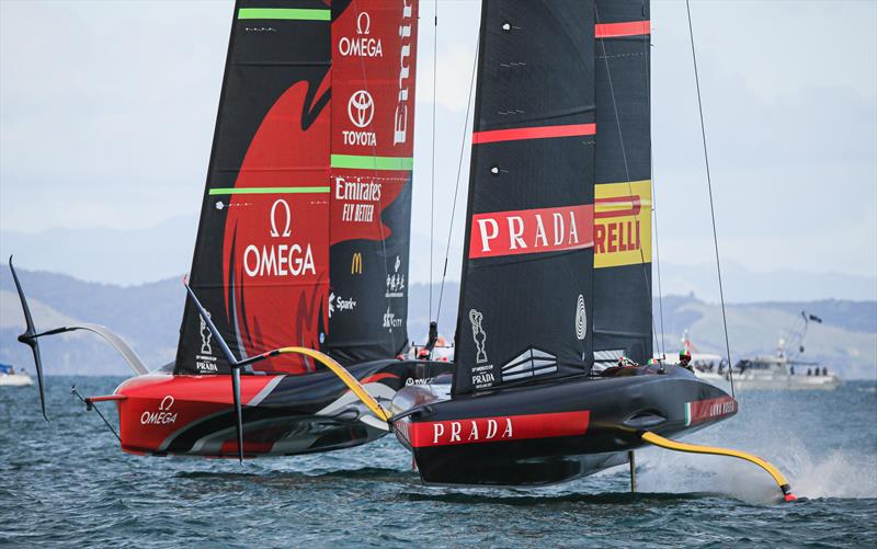 America's Cup match day 5 - a tight start gives Luna Rossa Prada Pirelli the advantage over Emirates Team New Zealand in race 8 photo copyright ACE / Studio Borlenghi taken at Royal New Zealand Yacht Squadron and featuring the AC75 class
