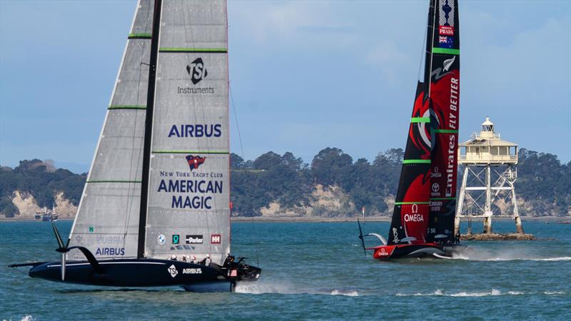 American Magic crosses Emirates Team NZ - Waitemata Harbour - September 21,2020 - 36th America's Cup photo copyright Richard Gladwell / Sail-World.com taken at Royal New Zealand Yacht Squadron and featuring the AC75 class