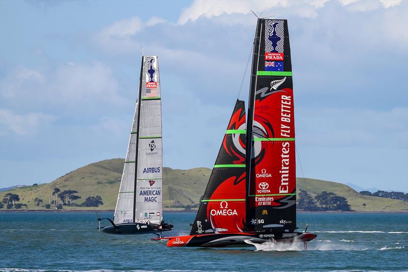 American Magic crosses Emirates Team NZ - Waitemata Harbour - September 21,2020 - 36th America's Cup photo copyright Richard Gladwell / Sail-World.com taken at Royal New Zealand Yacht Squadron and featuring the AC75 class