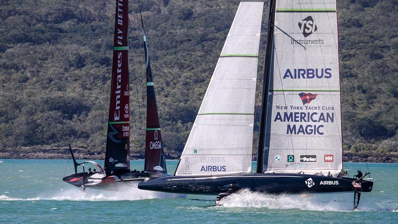Emirates Team NZ crosses American Magic - Waitemata Harbour - September 21,2020 - 36th America's Cup photo copyright Richard Gladwell / Sail-World.com taken at Royal New Zealand Yacht Squadron and featuring the AC75 class