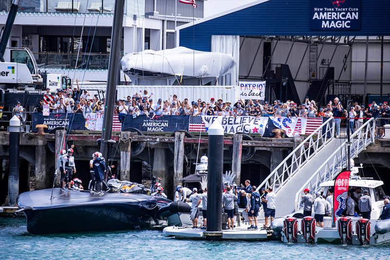 Supporters of American Magic cheer as the team docks off with their AC75 PATRIOT during the Prada Cup Challenger Series in January 2021 in Auckland, New Zealand - photo © American Magic / Sailing Energy