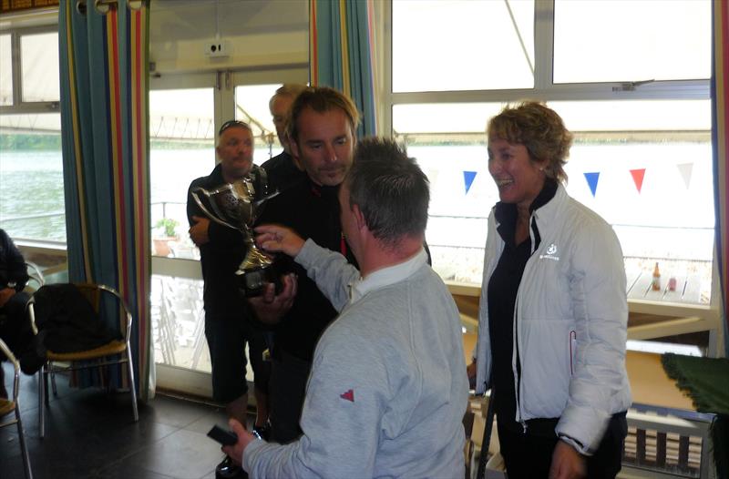 Frensham's Commodore Keith Videlo presenting the Endeavour Cup to Stephane Collier and Jérémie Chauchoy photo copyright Tony Machen taken at Frensham Pond Sailing Club and featuring the Hansa class