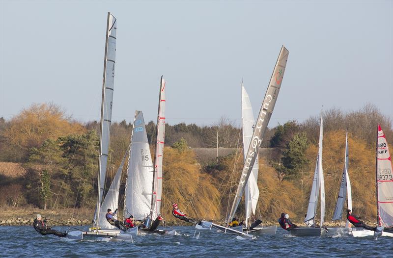 A Class cats power upwind during the 33rd Grafham Grand Prix photo copyright Tim Olin / www.olinphoto.co.uk taken at Grafham Water Sailing Club and featuring the A Class Catamaran class