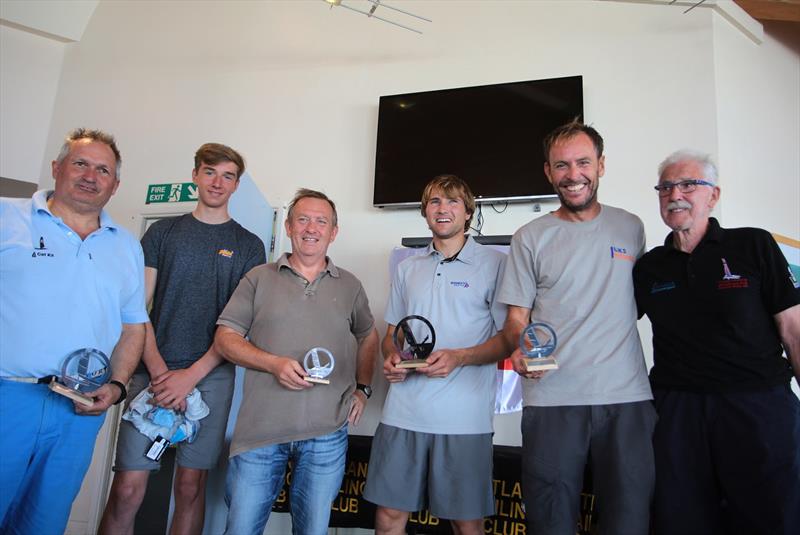 2016 A Class Catamaran UK National Championships (L-R) Micky Todd - Classic Champion, Will Smith - youngest sailor (18), Mike Bawden - 3rd, Chris Rashley - National Champion, Paul Larsen - 2nd, Tony Lampitt - Oldest sailor (82) - photo © Helena Darvelid / Sailrocket