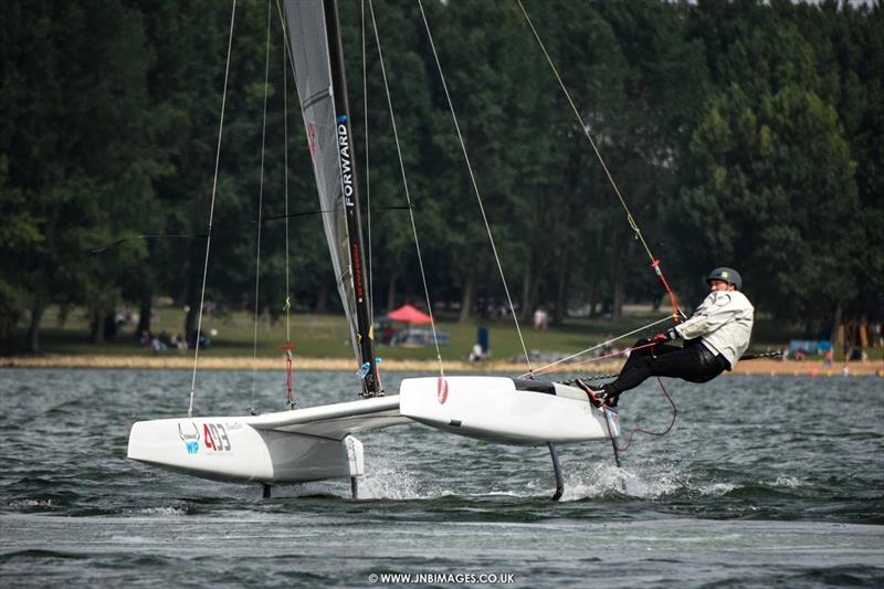 BACCA President Struan Wallace sails over a lake aerator in the A Class Catamaran UK National Championships at Rutland - photo © Jodie Bawden / www.jnbimages.co.uk