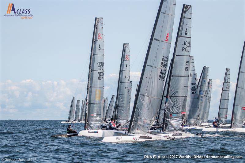 Bundy nails the pin in Gold Fleet Race 2 on A Class Cat Worlds day 4 photo copyright Gordon Upton taken at Sopot Sailing Club and featuring the A Class Catamaran class