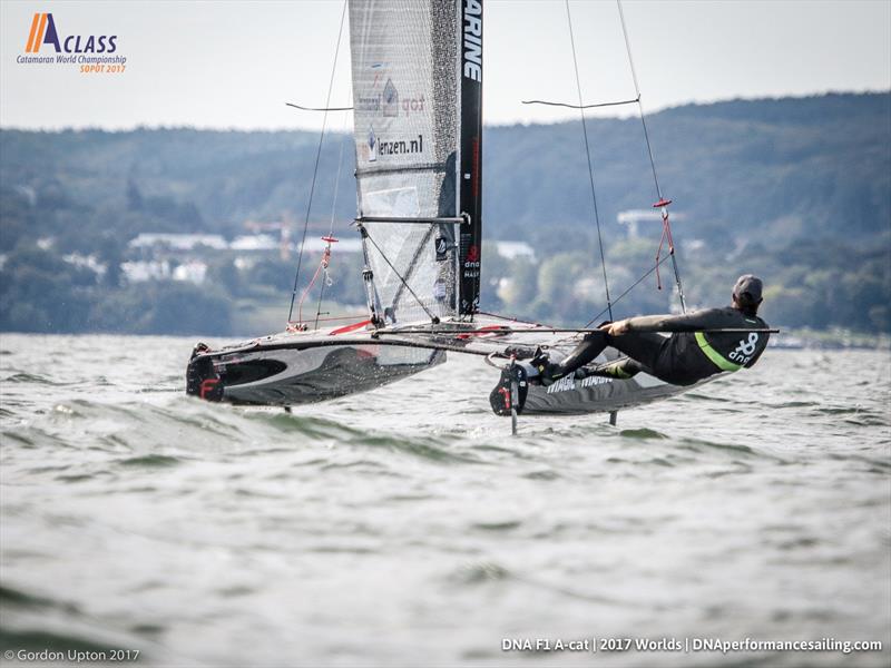 Mischa manages to fly in the marginal conditions on day 4 of the A Class Cat Worlds photo copyright Gordon Upton taken at Sopot Sailing Club and featuring the A Class Catamaran class