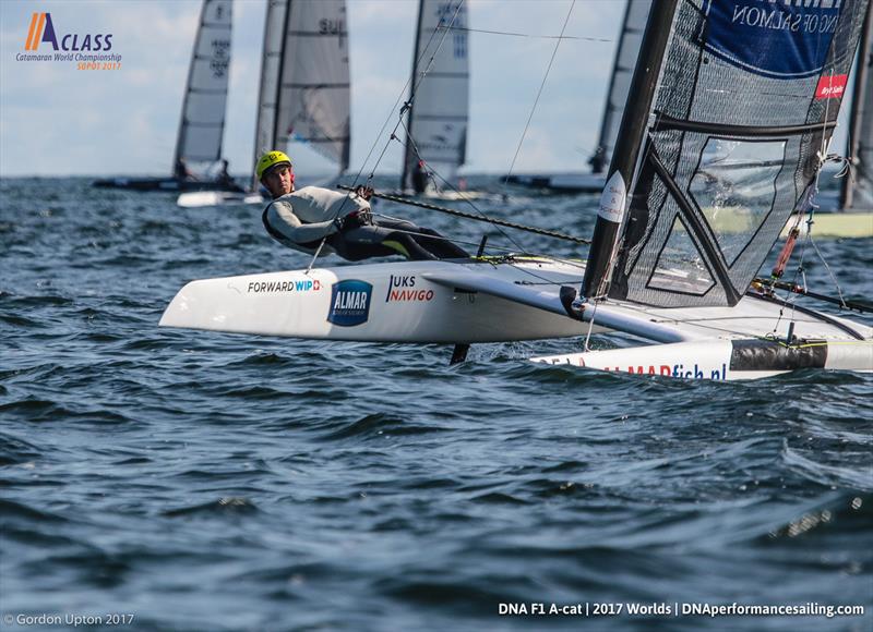 Kuba Suroweic is challenging hard for silver at the A Class Cat Worlds photo copyright Gordon Upton taken at Sopot Sailing Club and featuring the A Class Catamaran class