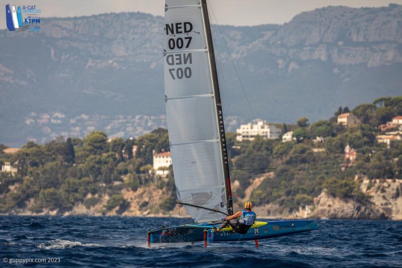 A-Cat Worlds at Toulon, France Day 5 - Mischa Heemskerk NED 7 blasts downwind fighting for another World title photo copyright Gordon Upton / www.guppypix.com taken at Yacht Club de Toulon and featuring the A Class Catamaran class