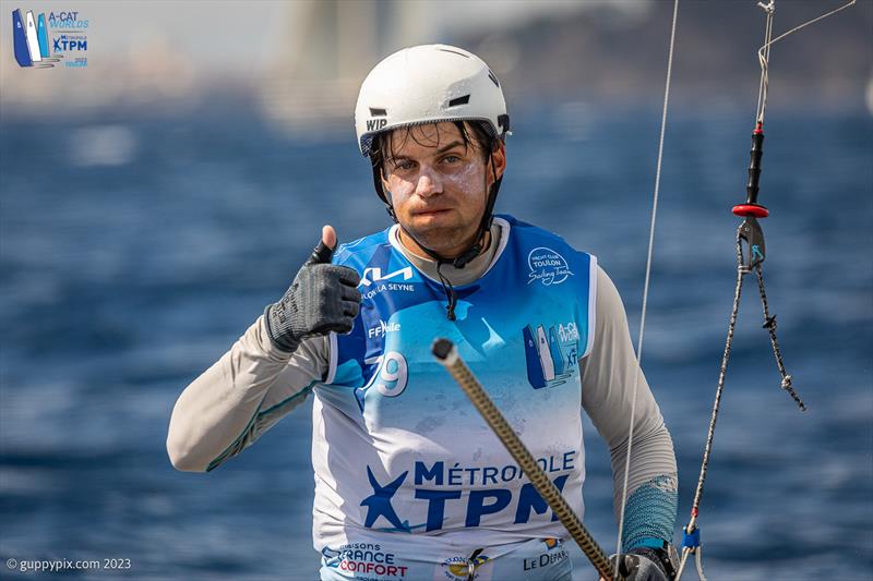 A-Cat Worlds at Toulon, France Day 5 - the 30 year old Kuba Surowiec POL 41 relieved to finish the day with a slim 2 point lead from Mischa in the Open foiling fleet photo copyright Gordon Upton / www.guppypix.com taken at Yacht Club de Toulon and featuring the A Class Catamaran class