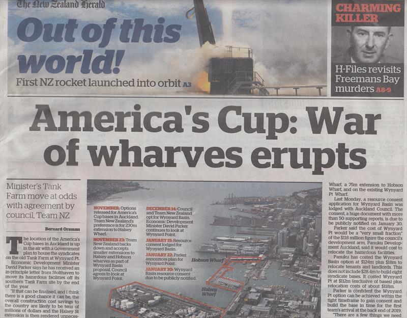 NZ Herald front page Jan 22, 2018 - Off course America's Cup Minister diverts attention away from one of the major techology achievements in NZ's history photo copyright NZ Herald taken at  and featuring the ACC class