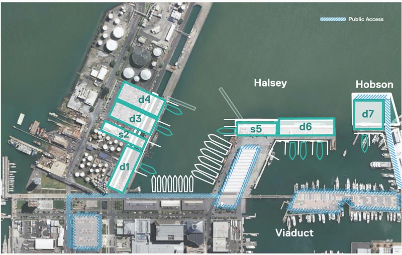 The current Parker Proposal showing only seven bases, and with Hobson Wharf extended along with Halsey Street, and the past design date Wynyard Wharf which will require major reconstruction photo copyright Panuku Developments taken at New York Yacht Club and featuring the ACC class