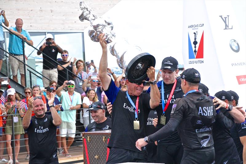 Max Sirena looks on as Emirates Team NZ CEO, Grant Dalton hoists the America's  Cup in Bermuda photo copyright Richard Gladwell taken at Royal Bermuda Yacht Club and featuring the ACC class