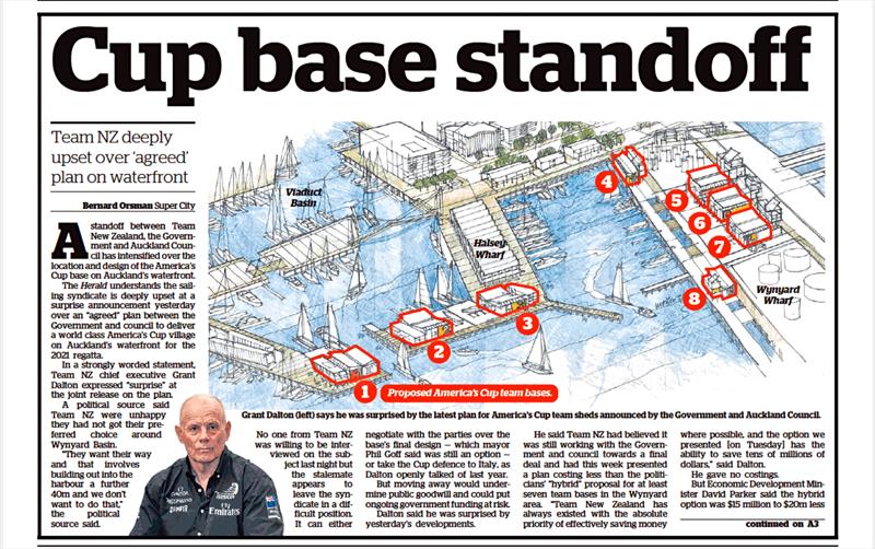 Emirates Team NZ makes the front page of the NZ Herald for its stand over the America's Cup bases photo copyright NZ Herald taken at New York Yacht Club and featuring the ACC class