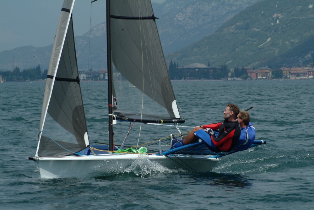Peter Ray and Gareth Wells (AUS 370) one of the flying Aussie team during the B14 worlds on Lake Garda photo copyright Ian Jubb Sailboat Deliveries taken at  and featuring the B14 class