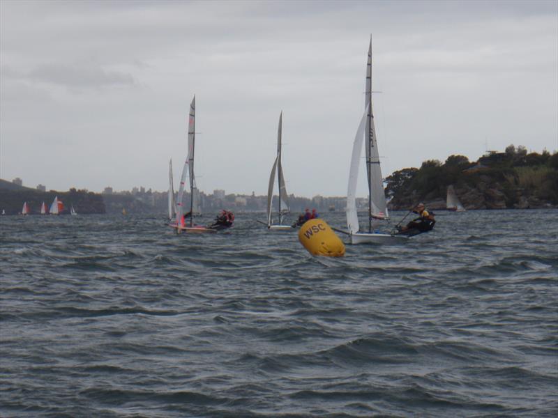 OMFTB approaching the top mark with The Nude and Rocket Ship in close pursuit on day 2 of the B14 Australian Nationals photo copyright Malcom McAully & Sophie Hunt taken at Woollahra Sailing Club and featuring the B14 class