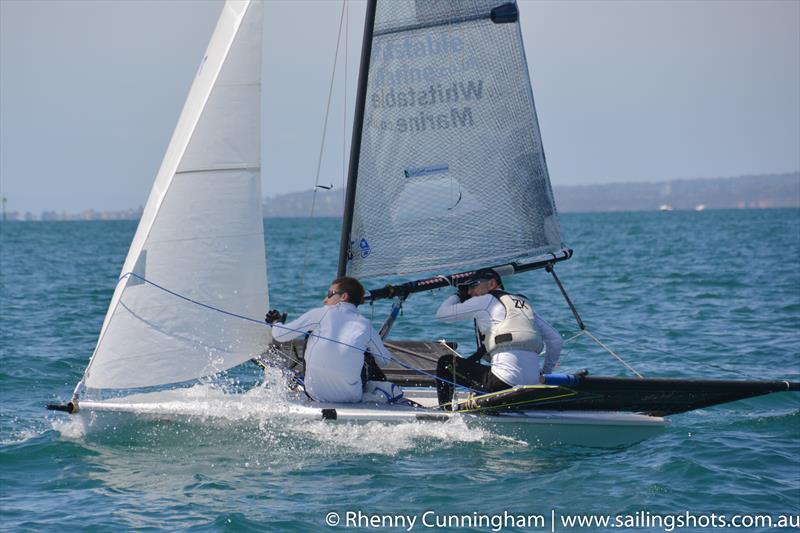 Chris Lewns and Tom Pygall on day 4 of the B14 World Championships on Port Phillip Bay photo copyright Rhenny Cunningham / www.sailingshots.com.au taken at McCrae Yacht Club and featuring the B14 class