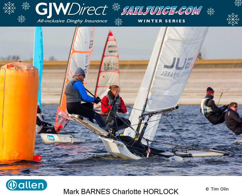 Mark Barnes & Charlotte Horlock during the GJW Direct Sailjuice Winter Series Datchet Flyer photo copyright Tim Olin / www.olinphoto.co.uk taken at Datchet Water Sailing Club and featuring the B14 class