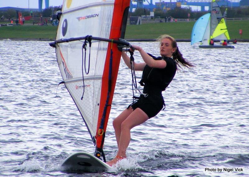 1st Bic Techno 7.8 girl and 2nd overall, Lucy Evans at the RYA Zone Championships in Cardiff Bay photo copyright Nigel Vick taken at Cardiff Bay Yacht Club and featuring the Bic Techno class