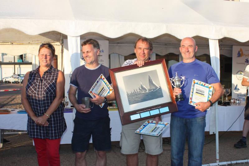 Sue Bouckley of Learning & Skills Solutions presents Clive Goodwin, Graham Sanderson & Mark Schofield with the Brightlingsea One Design Class trophies at Learning & Skills Solutions Pyefleet Week - photo © Mandy Bines