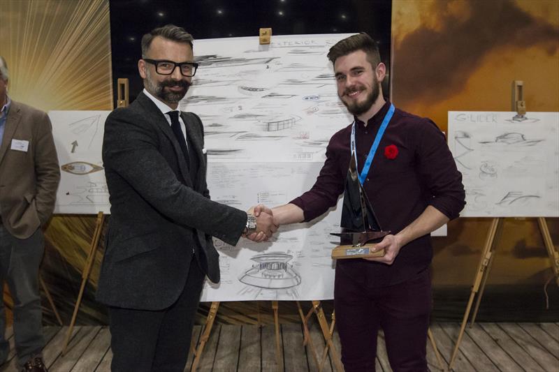 Leading couture designer, Nicholas Oakwell (left) presenting Dastinas Steponenas with the Superyacht UK Young Designer Competition Award - photo © British Marine