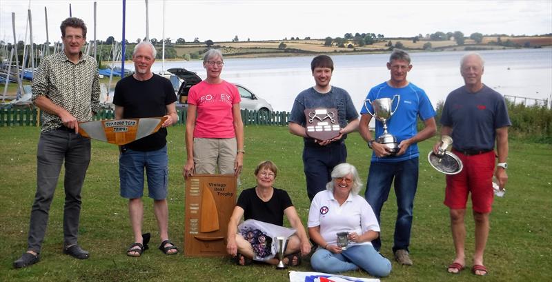 Prize winners in the British Moth Nationals (l-r) Robert Paynter, Toby Smith, Elaine Gillingham, Abby Freeley, Jonathan Twite, Jenni Heward-Craig, Toby Cooper, Tim Davison photo copyright British Moth Boat Association taken at Northampton Sailing Club and featuring the British Moth class