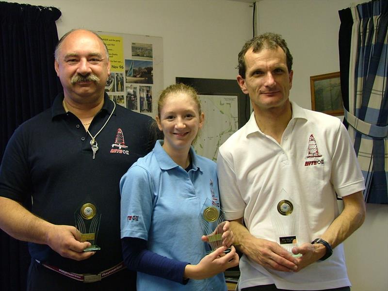 Bytes at Haversham prize winners (l to r) Kevin, Rachael & Mike modelling Byte shirts photo copyright Gordon Tweedle taken at Haversham Sailing Club and featuring the Byte class