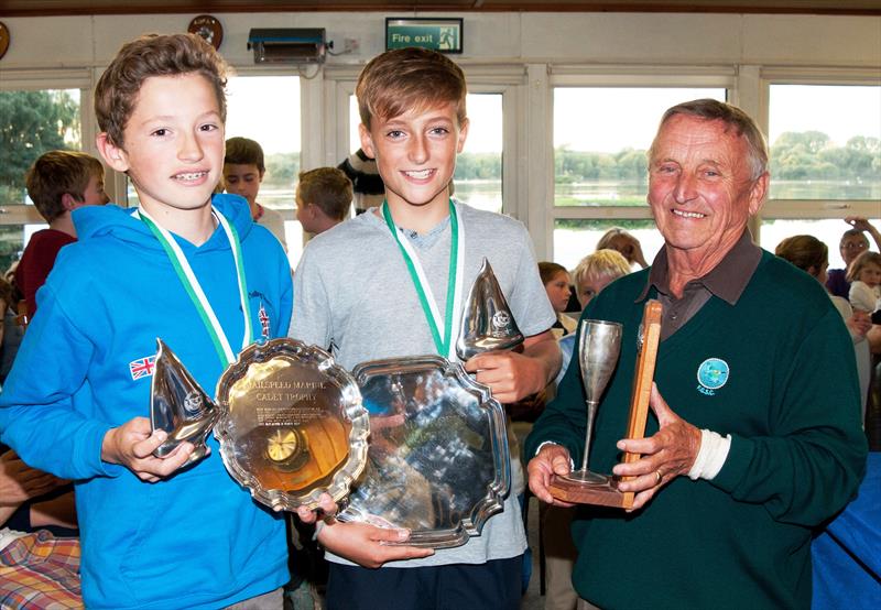 Overall winners Alex Page and Aaron Chadwick being presented with trophies by Brian Conroy, Fishers Green Honorary Life President, at the Fishers Green Cadet open - photo © Claire Chown 