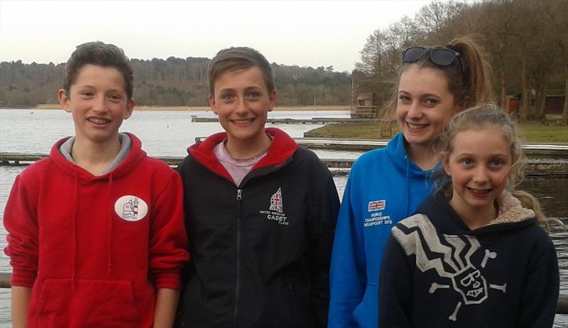 Cadets at Frensham winners (l to r) Aaron Chadwick, Alex Page, Lucy Terkelsen & Cally Terkelsen photo copyright Peter Collyer taken at Frensham Pond Sailing Club and featuring the Cadet class