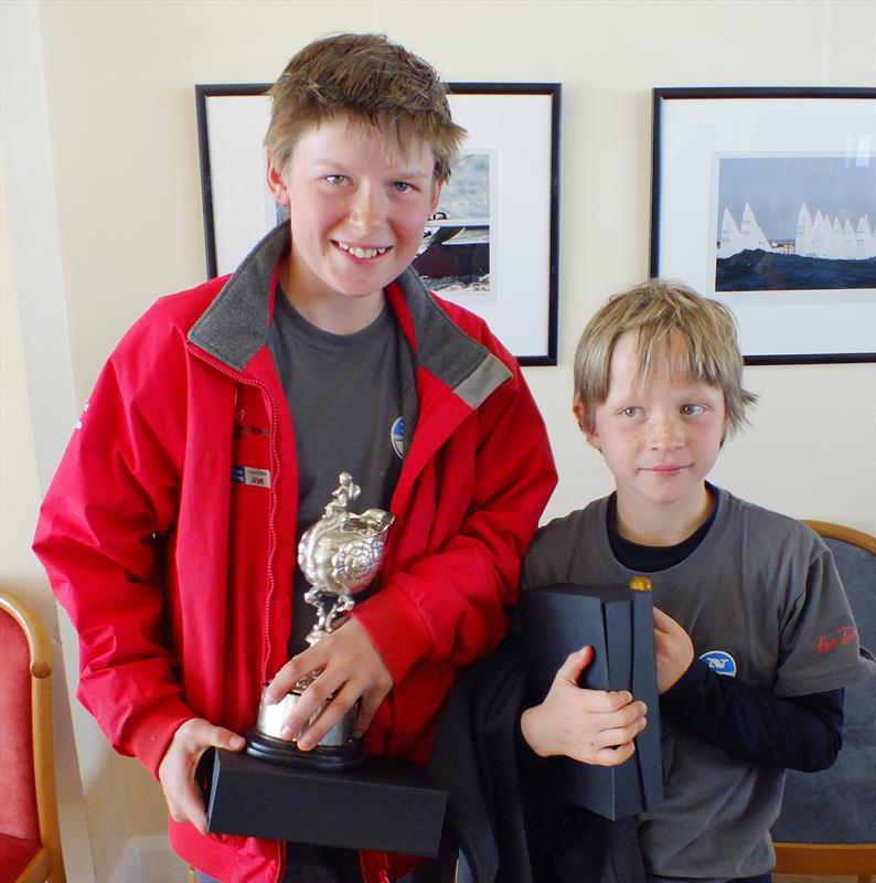 Ross and Jake Thompson with the Clemenson Nautilus Trophy after winning the World Team Selector at Weymouth photo copyright Peter Collyer taken at Weymouth & Portland Sailing Academy and featuring the Cadet class