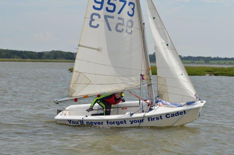 Sue will never forget her first Cadet at Waldringfield Cadet Week photo copyright Juliet Dearlove taken at Waldringfield Sailing Club and featuring the Cadet class
