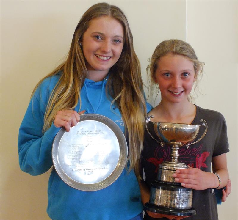 Lucy and Cally Terheksen win the trophies for first girl helm and first all-girl crew at the Cadet UK Nationals  photo copyright Peter Collyer taken at Weymouth & Portland Sailing Academy and featuring the Cadet class
