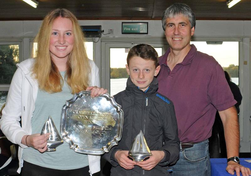 Lucy Corby and Ollie Payne, winners of the Fishers Green Cadet open with commodore Kevin O'Brien photo copyright Claire Chown taken at Fishers Green Sailing Club and featuring the Cadet class