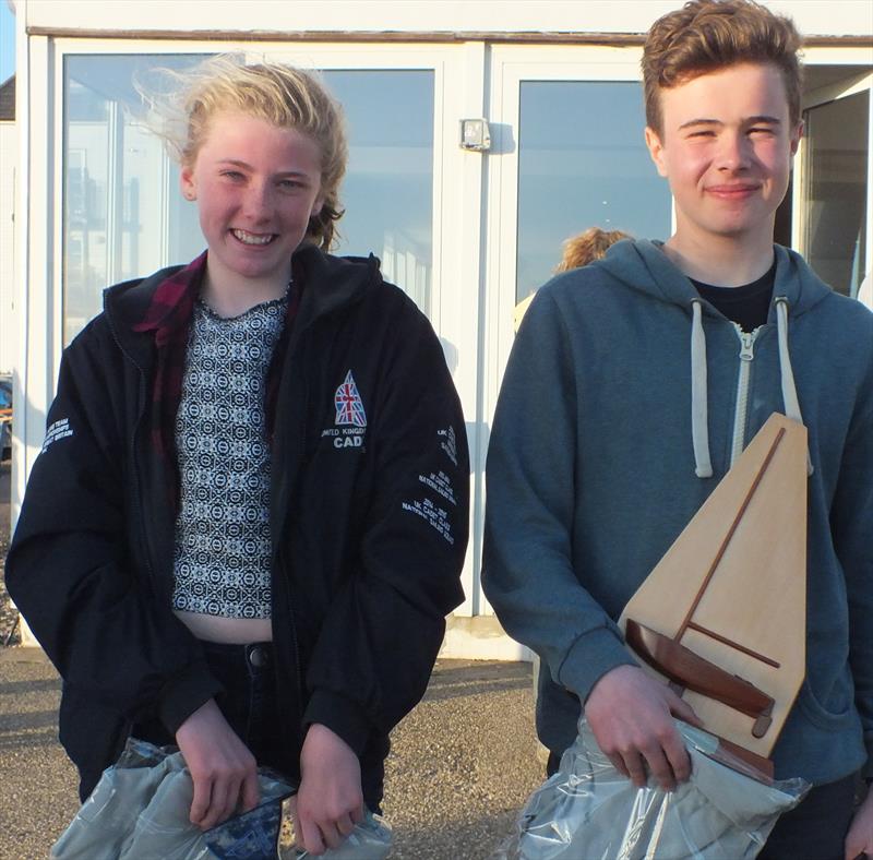 Tom Collyer and Cara Bland with the Alf Simmonds Memorial Trophy at the Brightlingsea Cadet open photo copyright Peter Collyer taken at Brightlingsea Sailing Club and featuring the Cadet class