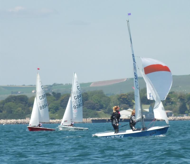 Bronze Fleet Winners Rosie Targett and Geroge Colquitt leading race 5 in the Zhik Cadet Clemenson Nautilus Trophy at the WPNSA photo copyright Peter Collyer taken at Weymouth & Portland Sailing Academy and featuring the Cadet class
