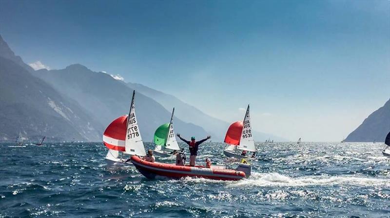 Tony Bull, coach of two consecutive world champions, in action on Lake Garda before the worlds photo copyright Event Media taken at Fraglia Vela Riva and featuring the Cadet class
