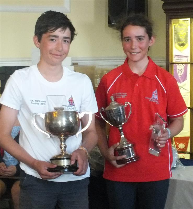 Jamie and Bea Harris win the 2015 Cadet National Championship photo copyright Peter Collyer taken at Royal Torbay Yacht Club and featuring the Cadet class