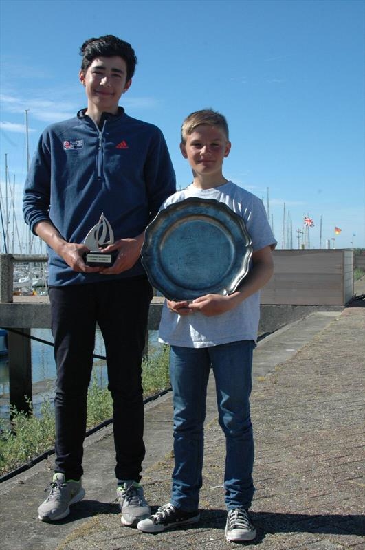 Jamie Harris and Hamish Taylor win the Cadet Topsport Vlaanderen Nieuwpoortweek Regatta and Open category at the Belgian National Championships 2016 photo copyright Jo Harris taken at  and featuring the Cadet class