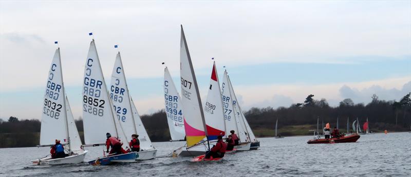 Slow fleet coming up for the start on day 4 of the Fox's Marine & Country Alton Water Frostbite Series photo copyright Emer Berry taken at Alton Water Sports Centre and featuring the Cadet class