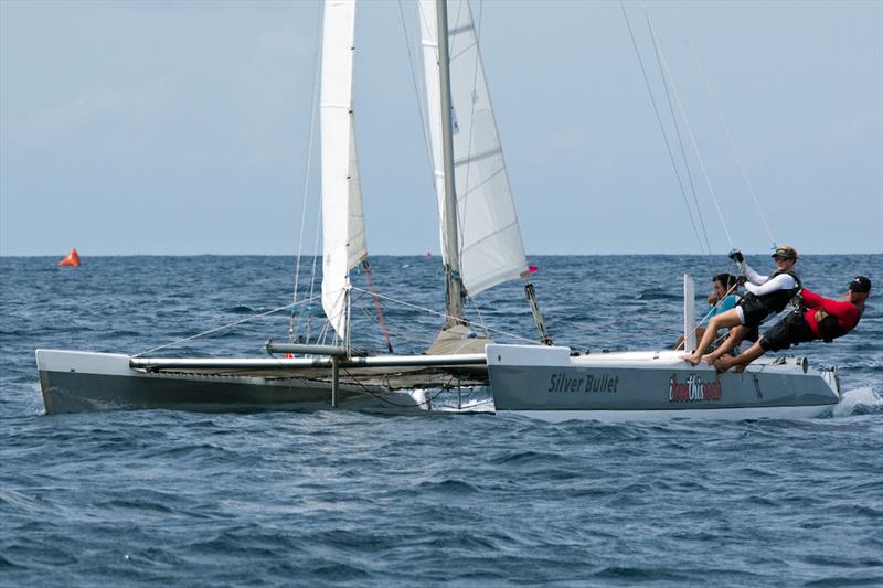 Bryn Palmer and team on Silver Bullet on Mount Gay Round Barbados Series day 1 photo copyright Peter Marshall / MGRBR taken at Barbados Cruising Club and featuring the Catamaran class