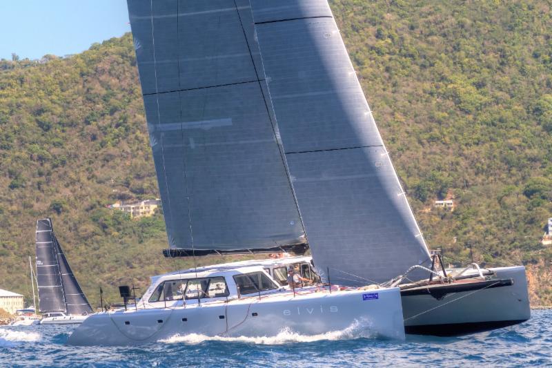 The wonder of ELVIS: Jason Caroll's Gunboat 62 racing in the Offshore Multihulls class on day 1 of the BVI Spring Regatta photo copyright BVISR / www.ingridabery.com taken at Royal BVI Yacht Club and featuring the Catamaran class