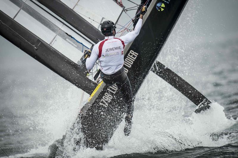 Billy Besson & Jeremie Lagarrigue aboard Hydros II capsize during the C-Class Catamaran Championship finals in Falmouth - photo © Loris von Siebenthal / Hydros
