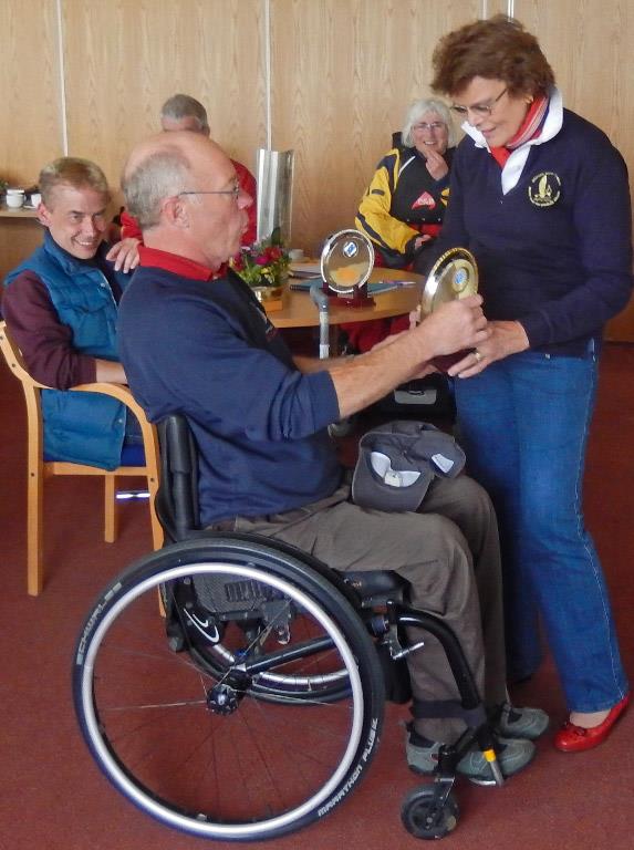 Graham Hall receives the First Place Replica from Wendy Hopkins during the Challenger English Championship at Grafham photo copyright Richard Johnson taken at Grafham Water Sailing Club and featuring the Challenger class