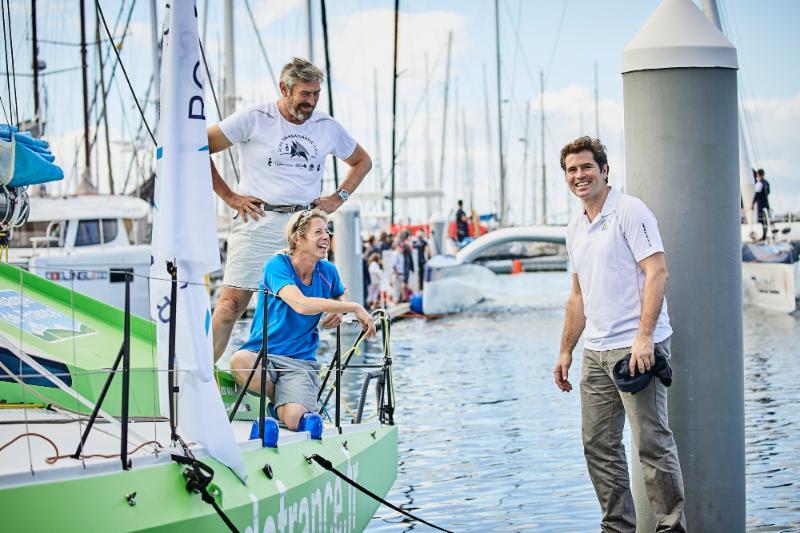 Calero Marinas Managing Director, Jose Juan Calero wishing Miranda Merron and Halvard Mabire a good race before they left the dock at Marina Lanzarote on the day of the start photo copyright RORC / James Mitchell taken at  and featuring the Class 40 class