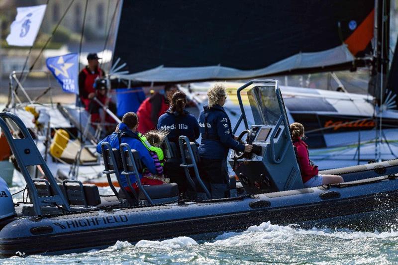 After taking Line Honours in the race, Pip Hare and her team came from Poole to welcome the first Class40 Tquila over the finish line  photo copyright James Tomlinson / RORC taken at Royal Ocean Racing Club and featuring the Class 40 class