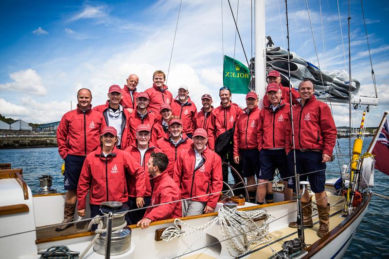 The Kialoa II crew after finishing the Rolex Fastnet Race 2017 photo copyright Emma Louise Wyn Jones taken at Royal Ocean Racing Club and featuring the Classic Yachts class